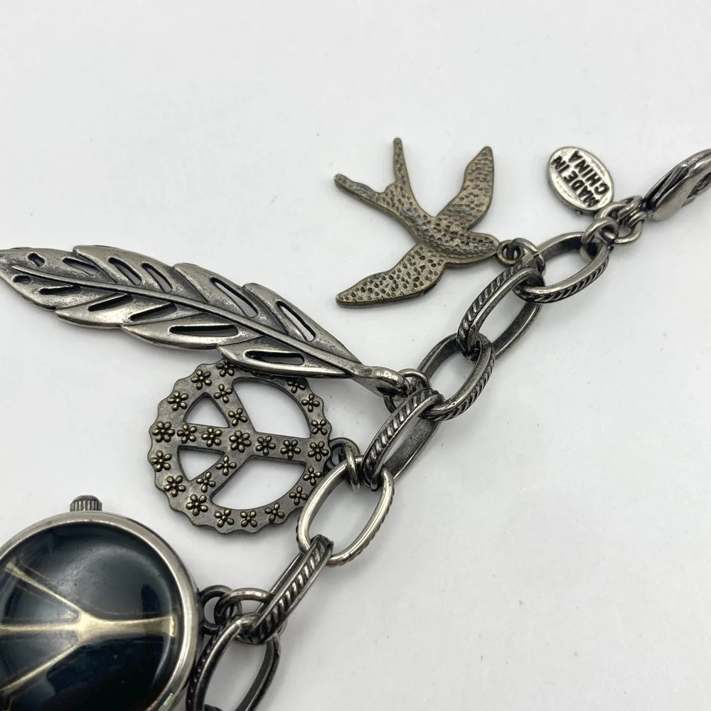 Decree Charm Bracelet Women's Watch Gunmetal Peace Love 25mm New Battery 7.25